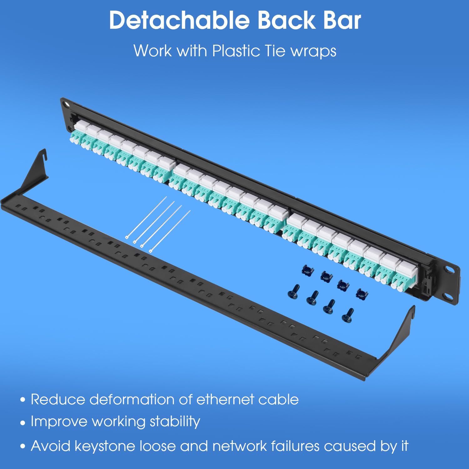 Lot de 2 panneaux de brassage en fibre à montage en rack 1U avec 24 coupleurs de fibre multimode LC-OM3/OM4 Jack Keystone Jack Modulaire (vis de rack incluses)