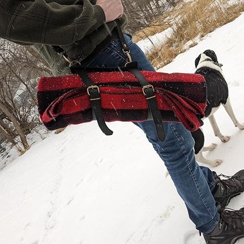 Miniatura 4 de Walden Backyards Fireside Manta de lana con correa de transporte de cuero (carbón con soporte de cuero marrón)