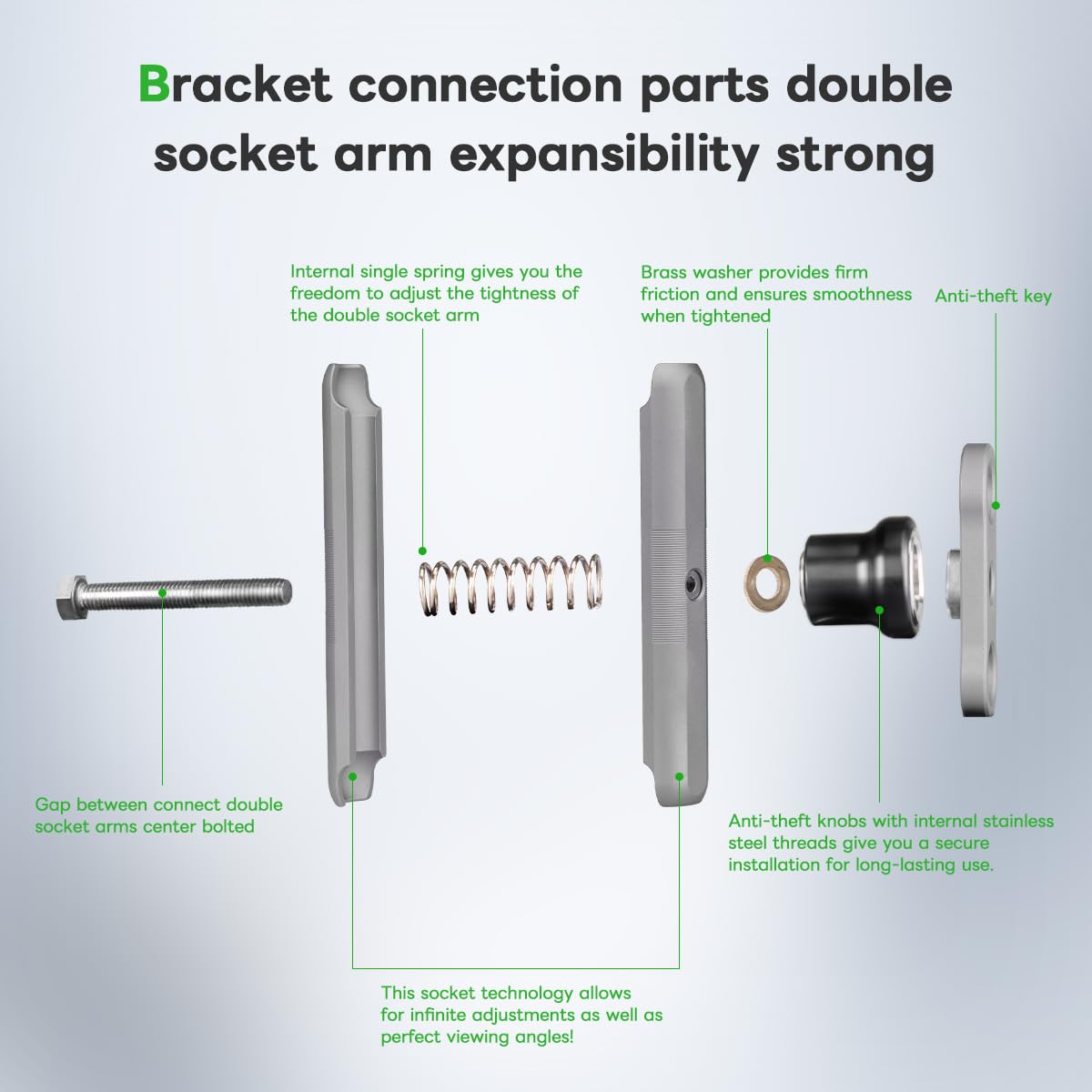 FANAUE Brazo antirrobo de Doble Enchufe Compatible con Soportes RAM, Cabeza de Bola tamaño B y Soporte para teléfono de Bicicleta, se Adapta a Todos los adaptadores de Bola estándar de 1 Pulgada