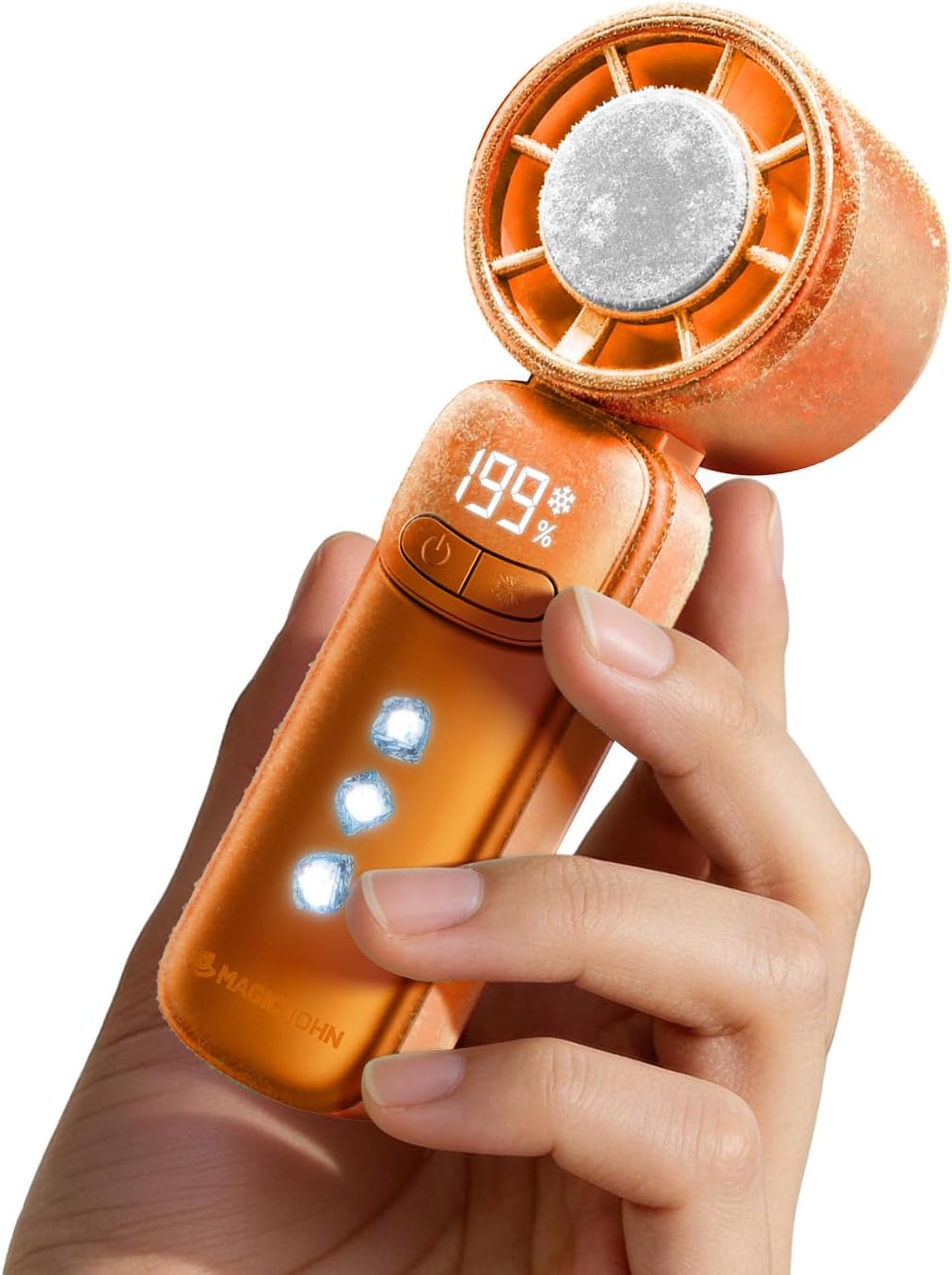 MAGIC JOHN Mini Handventilator mit Kühlung (orange) | 199 Lüfterstufen, bis zu 11h Laufzeit, USB-C Akku aufladbar, nur 139g, Camping & Reise zubehör