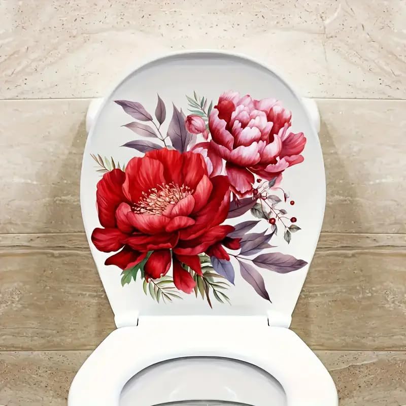 Merry Christmas Red Flowers Leaf Toilet Cover Sticker Decals,Spring Flower Leaf Butterfly Waterproof Toilet Lid Tank Seat Decals Cistern Self-Adhesive Bathroom Wall Sticker