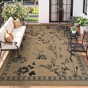 DweIke Easy Jute 5×7 Area Rugs, Washable Outdoor Patio Rug for Living Room Indoor Outdoor Carpet, Farmhouse Non Slip Carpets for Backyard Dining Room, Tan-Floral