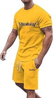 Disfraz de Halloween para hombre, vintage, bonito 2024, juego de Halloween, divertido estampado de letras deportivas, informal, pantalones cortos de manga corta, juego de 2 piezas para