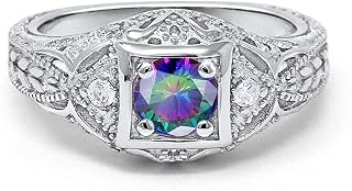 Blue Apple Co. Art Deco Ring Round Cubic Zirconia Leaf Filigree Design Split Shank Twisted Band Bridal Statement Wedding Engagement Rings For Women 925 Sterling Silver Gifts For Her