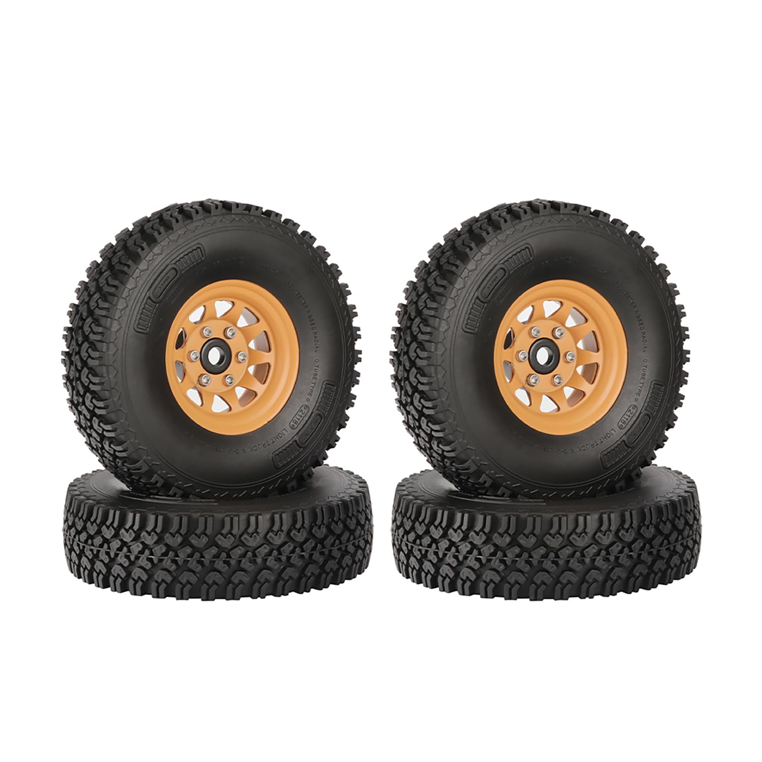 KINGCOO 4PCS 1.55 inch Aluminum Alloy Metal 10Spoke Beadlock Wheel Rim Tyre and Rubber Tires Set for 1/10 RC Rock Crawler Car for Tamiya Axial AX90069 UTB18 D90 TF2 CC01 LC70 (Yellow, 90MM)