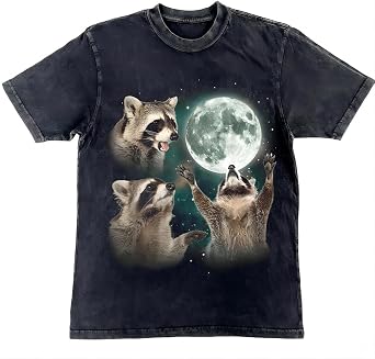 Bellelement Racoons Moon Printed Vintage Acid Wash T-Shirt Hip Hop Tee Tops