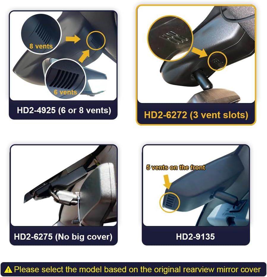 Diagram showing different rearview mirror cover types with vent counts for models HD2-4925, HD2-6272, HD2-6275, and HD2-9135.