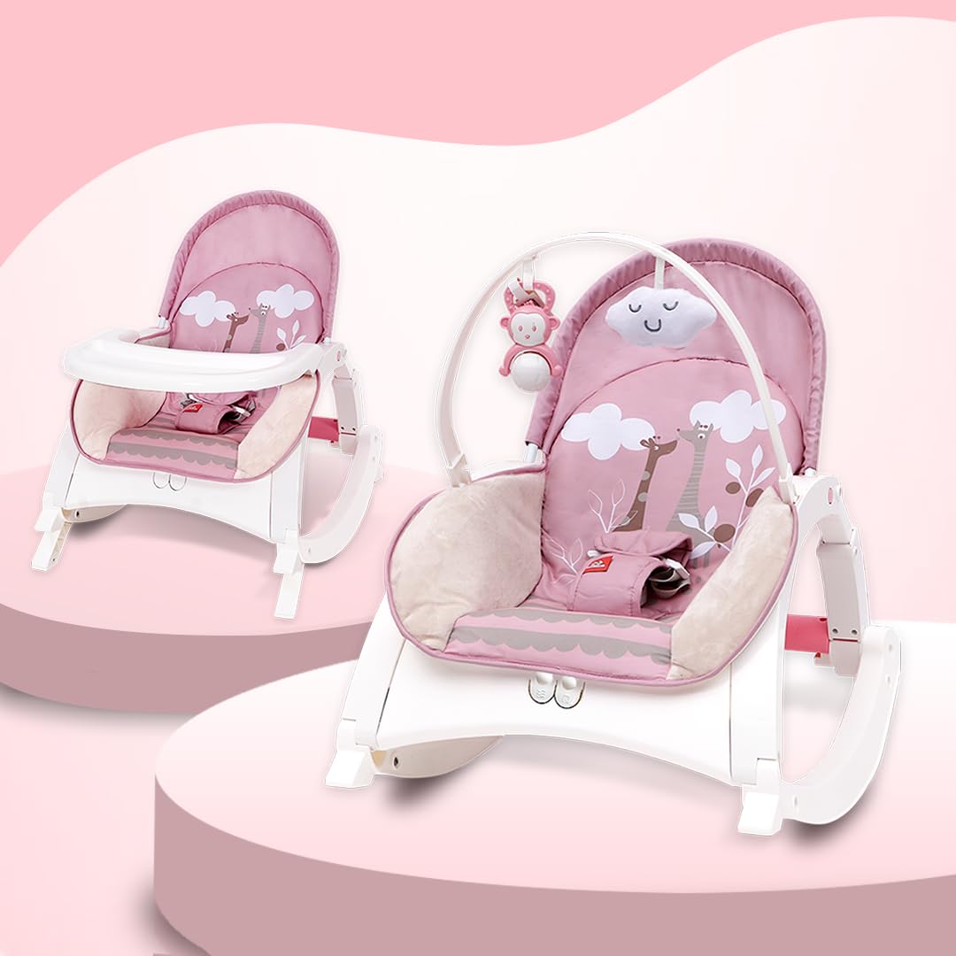 INFANTSO Baby Rocker & Bouncer for 0 to 2 Years (Pink), Chair for Newborn with Calming Vibrations, Music & Toys, 3 Position Adjustable Backrest with Feeding Tray