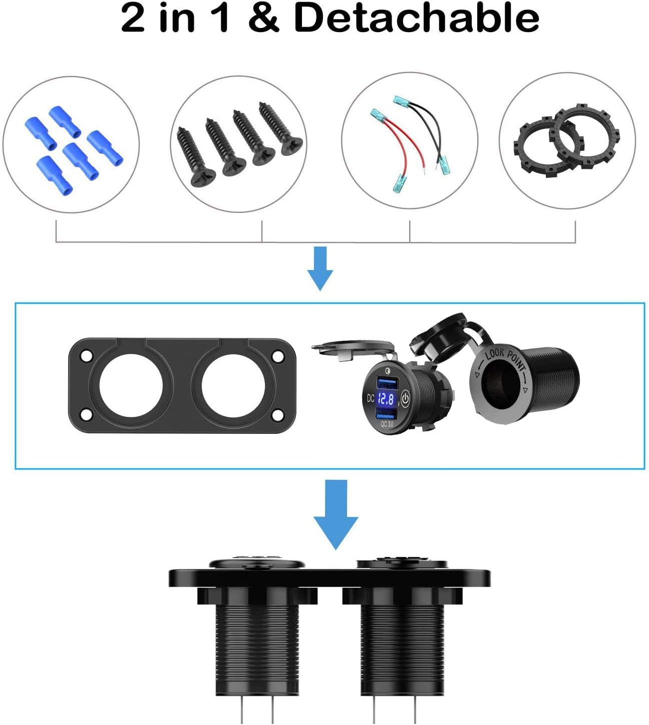 Dual QC3.0 Car Charger Socket Cigarette Lighter Outlet Splitter with Touch Switch and LED Voltmeter, 12V USB Quick Charge Waterproof for Car Boat Marine RV