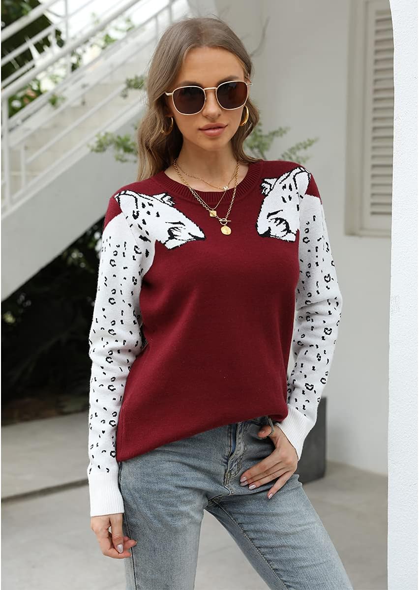 Mansy Women's Casual Long Sleeve Crew Neck Cute Animal Leopard Print Knitted Pullover Sweater Tops - Image 3