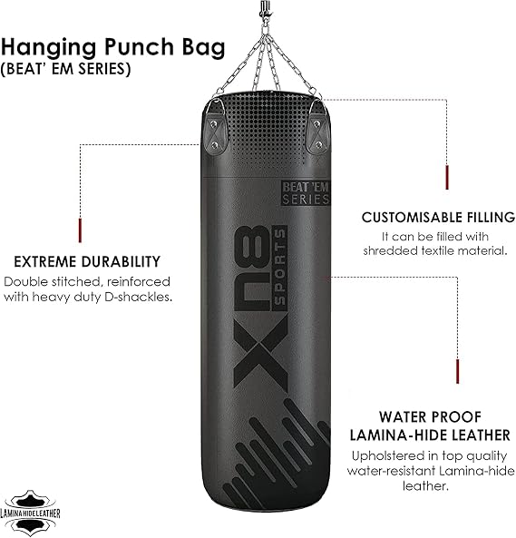 XN8 Sports Unfilled Punching Bag for Boxing – 4ft & 5ft Heavy Duty Punch Bag with Boxing Mitts & Hanging Chain | Ideal for Kickboxing, Muay Thai, MMA, Grappling & Martial Arts Training