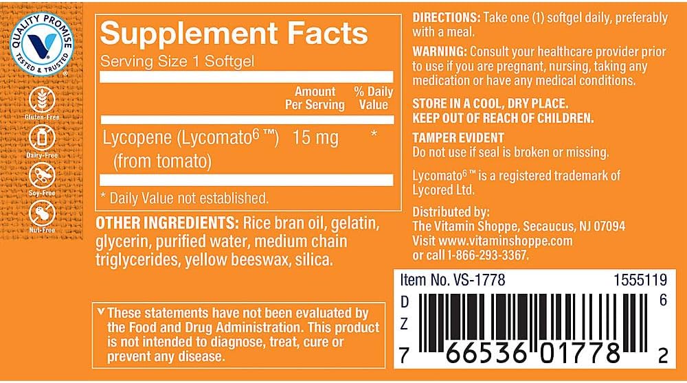 The Vitamin Shoppe Lycopene 15MG, Antioxidant That Supports Cardiovascular, (60 Softgels)