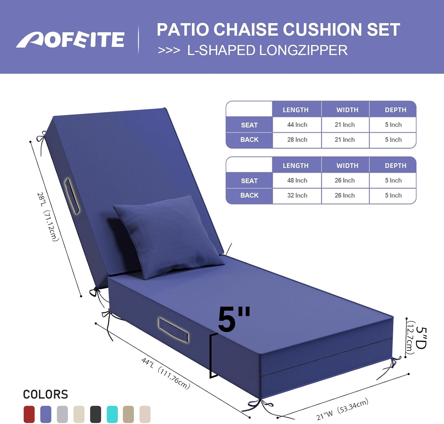 Outdoor Water-Resistant Olefin Chaise Lounge Cushions with Pillow, Weather and Fade Resistant Patio Furniture Lounge Chair Cushion Ideal for Patio, Lawn, Garden, Dark Blue, 72"L x 21"W x 5"T