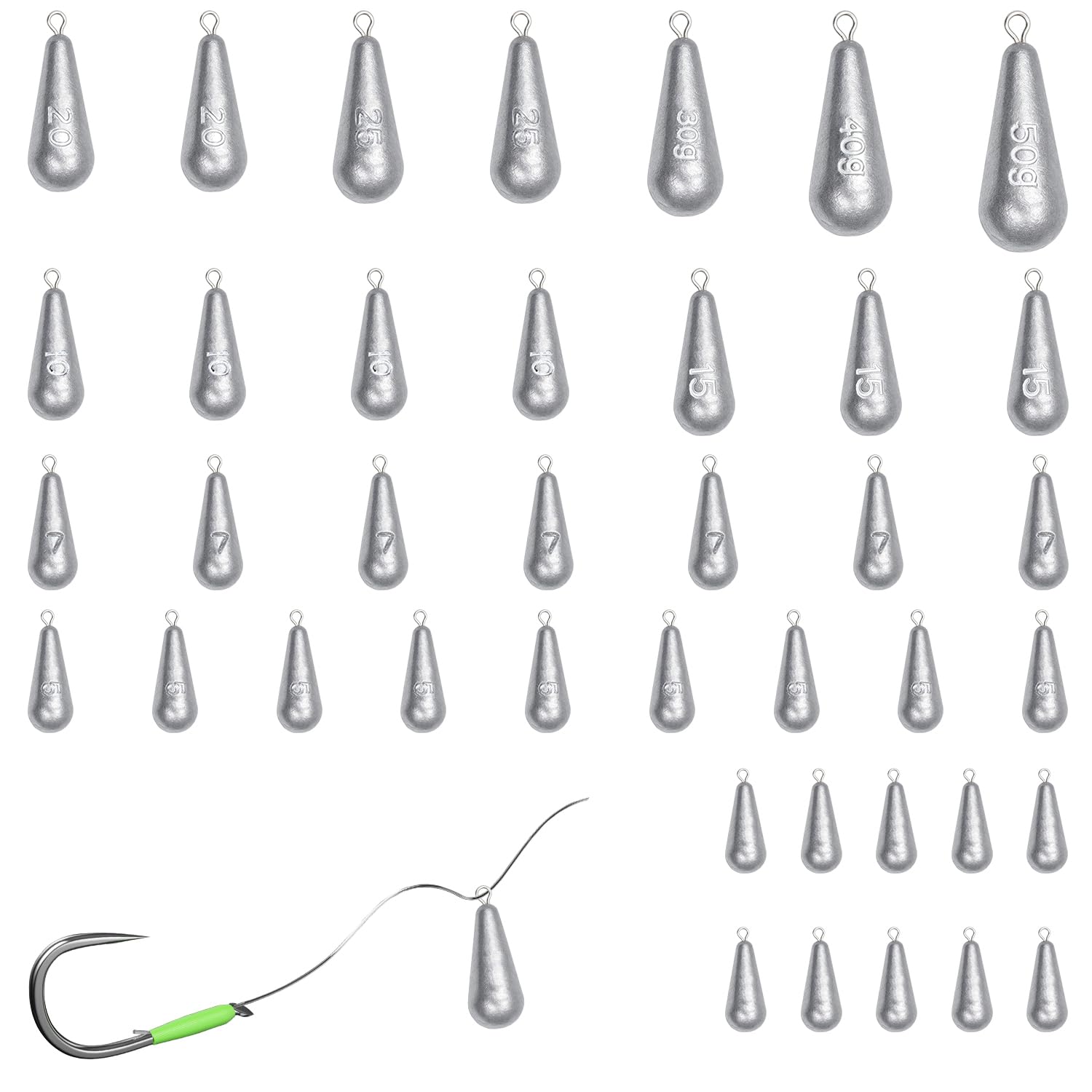 40 Pezzi Piombi da Pesca Misti, Piccoli Piombi e Pesi con Girella per Pesca in Acque Profonde, Galleggianti e in Mare (3,5g 5g 7g 10g 15g 20g 25g 30g 40g 50g)
