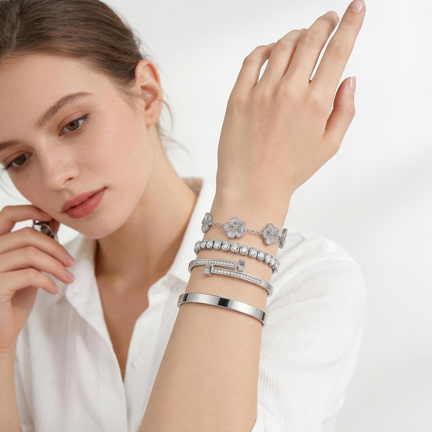 Camhanno Silver Bracelets for Women-4Pcs 18K Gold Plated Love Bangle Tennis Clover Nail Bracelets Stack Set for Women Trendy Non Tarnish Stainless Steel Gold Bangles Accessories Designer Jewelry
