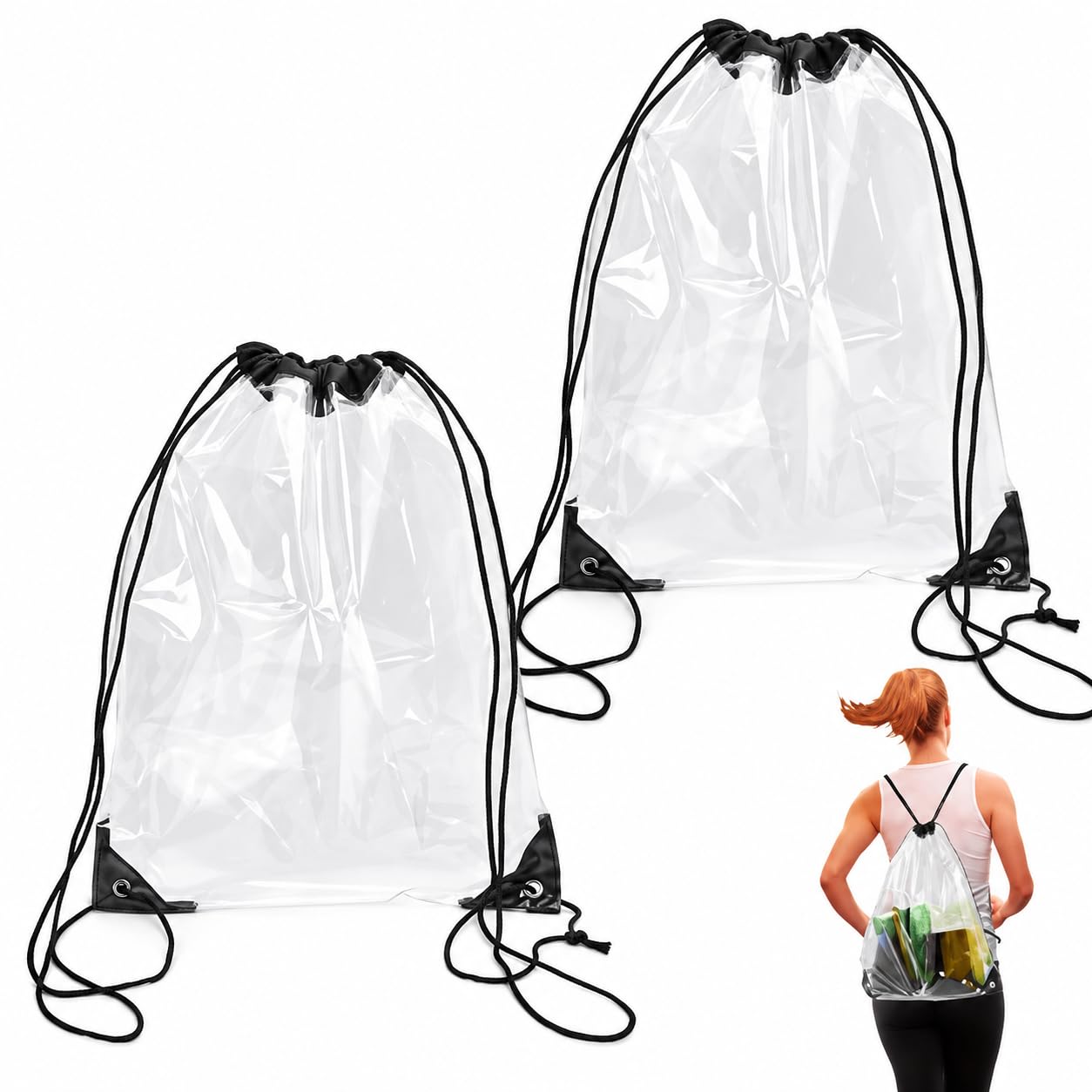 Eowppue Clear Backpack Stadium Approved – Waterproof PVC Drawstring Bag, 12.99 x 16.93 Inches, Transparent Gym Bag for Concerts, Sports, Travel, Beach & Daily Use, Easy Access Design