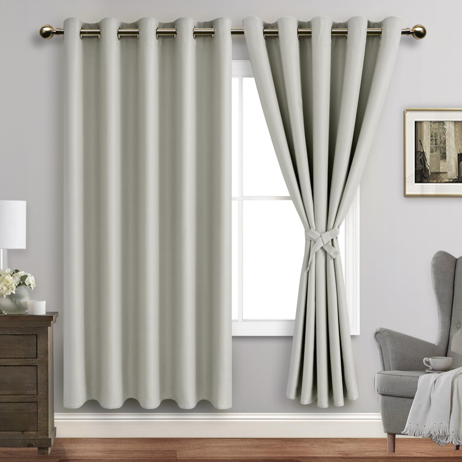 JIUZHEN Silver Grey Blackout Curtains with Tiebacks Thermal Insulated, Light Blocking and Noise Reducing Grommet Curtains for and Living Room, Set of 2 Window Curtain Panels, 60 x 72 Inch Length