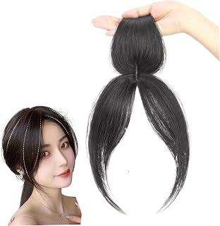 Clip in Bangs Side Parted Hair Toppers for Real Human Hair 360° Cover Pieces Wispy Fake Fringe Snap-On Add-Ons for Women Daily Wear, Natural Black