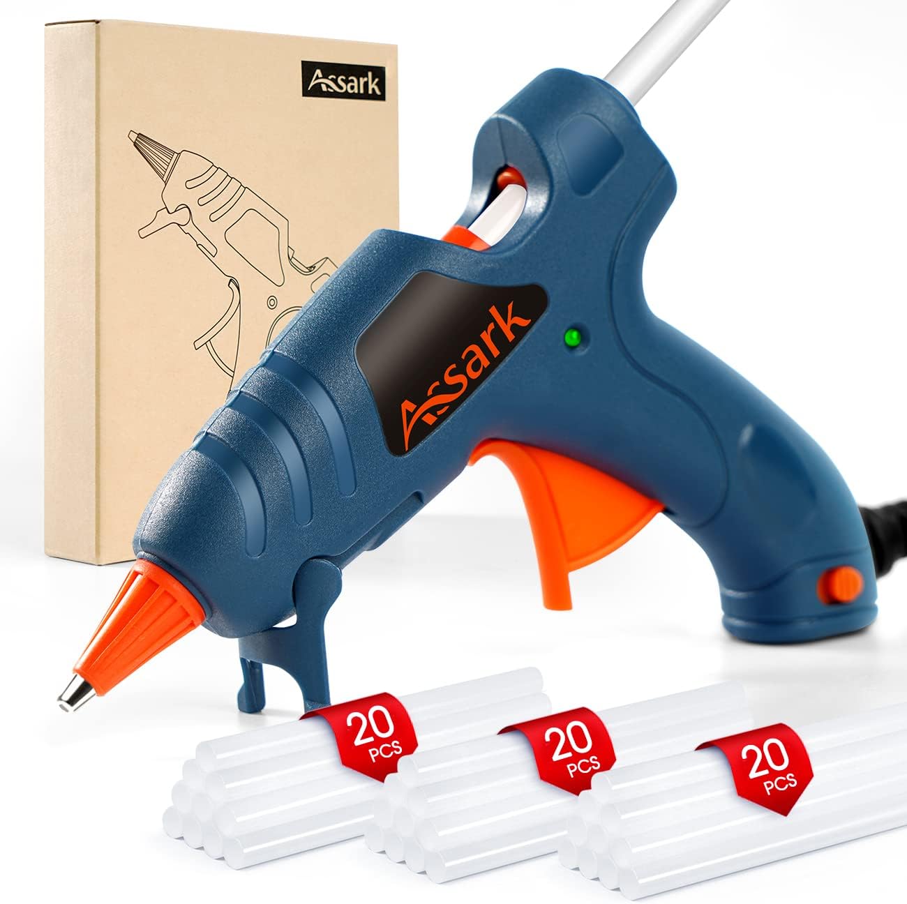Fireproof Hot Glue Gun Kit with 60 Glue Sticks(7mm x 130mm), 20W Fast Preheating Hot Melt, High Temp for School Crafts DIY Arts and Quick Home Repairs