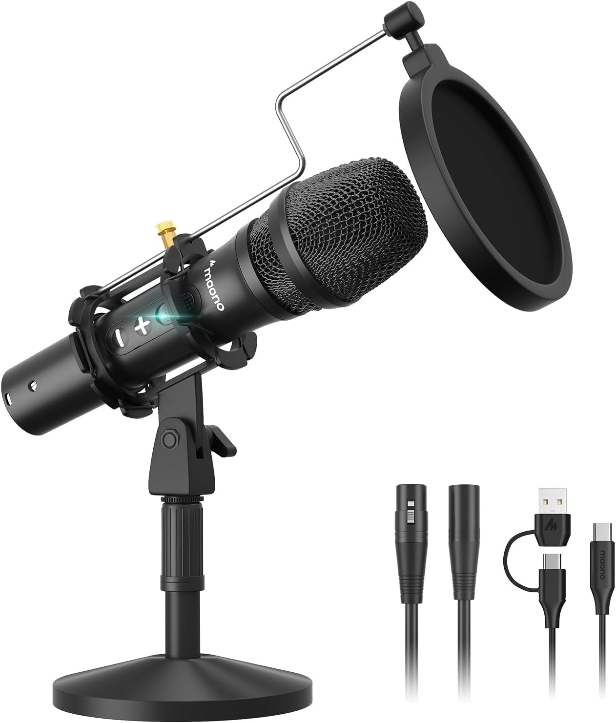 MAONO AU-HD300T USB/XLR Dynamic Mic for Singing, PC, YouTube Recording Professional Microphone with 0-Latency Monitoring, Volume Control, Adjustable Mic Stand, Shock Mount and Pop Filter (Black)