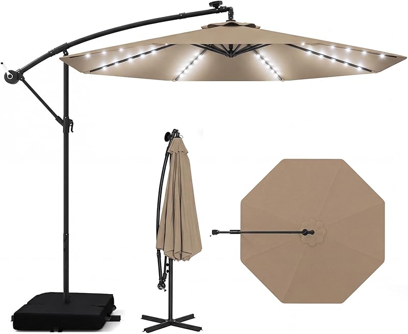 COSTWAY Parasol Déporté 3x3M, Parasol de Jardin Extérieur 40 LED Solaire avec 2 Sacs de Sable, Prote