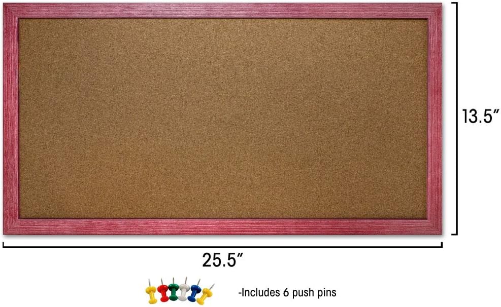 Cork Bulletin Board 24 x 12 Colorful Distressed Wood Frame for Office or Home (Red)