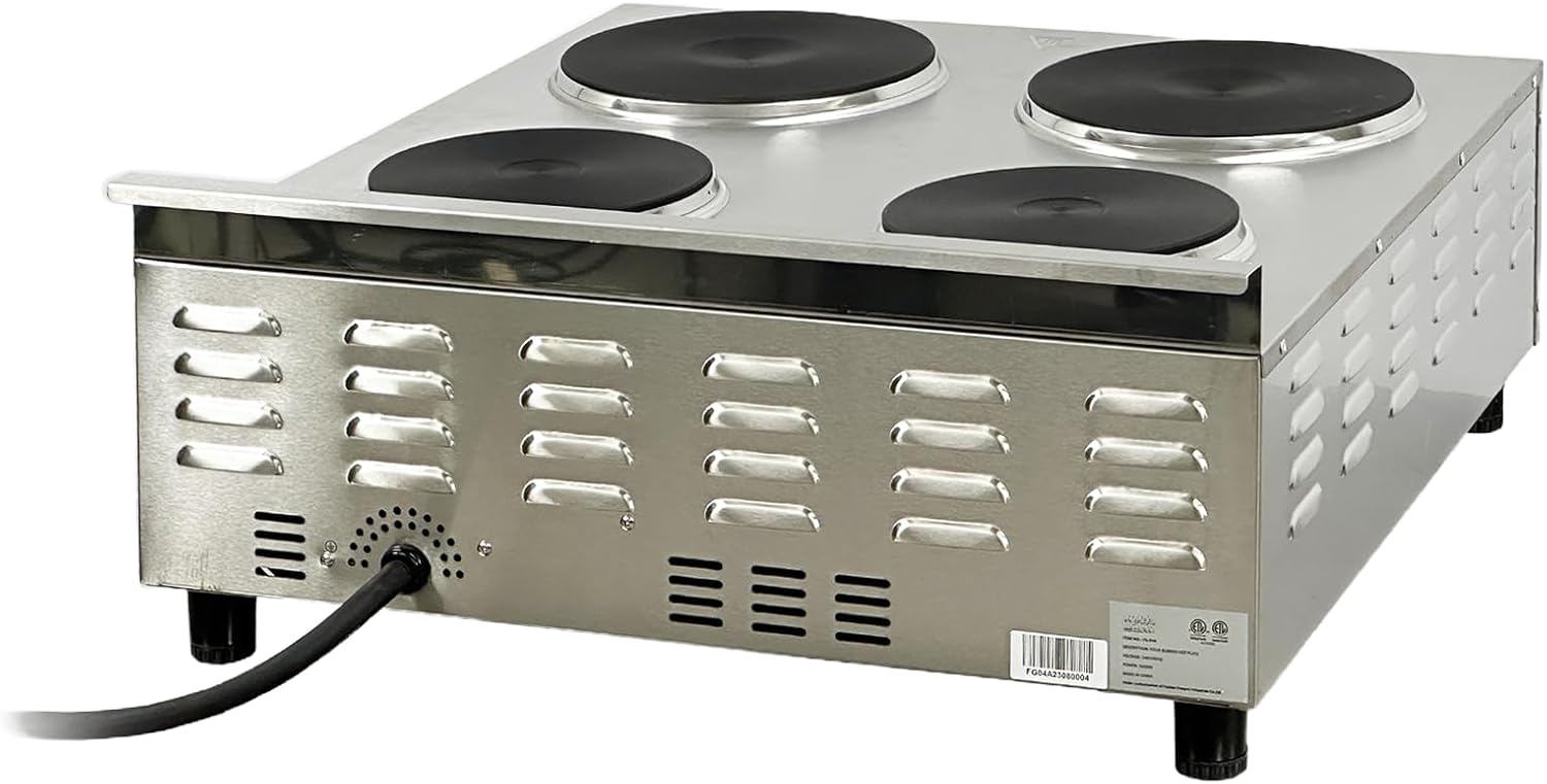 Commercial Electric Hot Plate, 4 Burner, 5600W, Heavy Duty Stainless Steel, 9-Inch Cast Iron Burners, Individual Controls FG-04A ETL