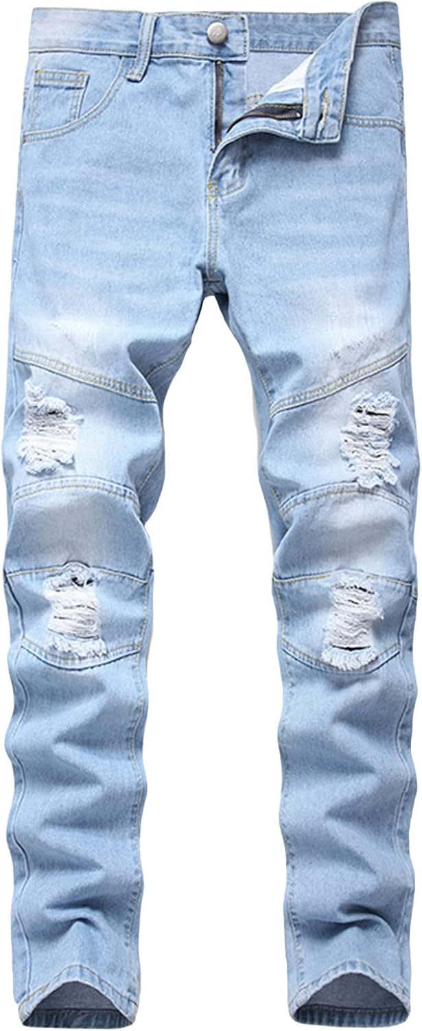 JEsilunmaMY Men's Washed Straight Leg Jeans Mid Waist Distressed Stretch Skinny Denim Pants Destroyed Ripped Biker Trousers
