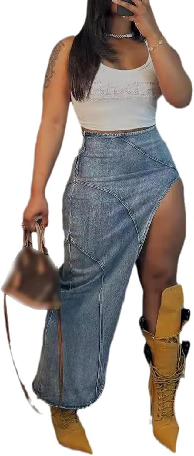 Tbahhir Womens High Slit Denim Skirt Button Down Vintage Jean Skirts Long Washed Clubwear Blue