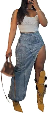 Womens Denim Skirt Long High Waisted Button Down Jean Skirts Maxi with Slit | maxi skirts for women, sexy, casual, long, high waist, high split, y2k streetwear, clubwear, vacation, vintage, night out