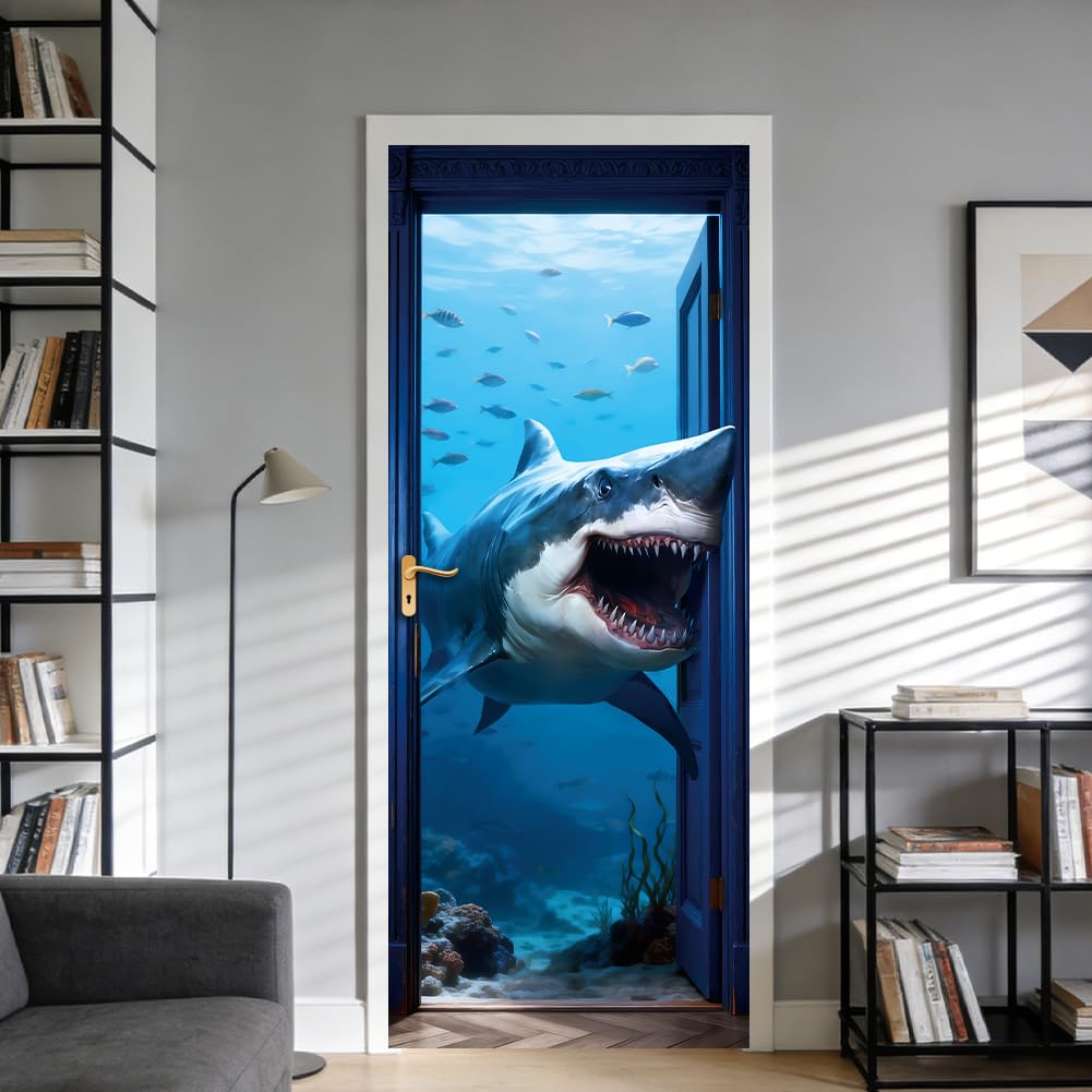 CRAFTYMELODY Door Sticker Peel Stick Removable Self Adhesive Door Mural Decal Vinyl PVC Waterproof Door Cover Wallpaper for Home Office Shop Decoration 31.48×78.74 Inch Underwater Shark
