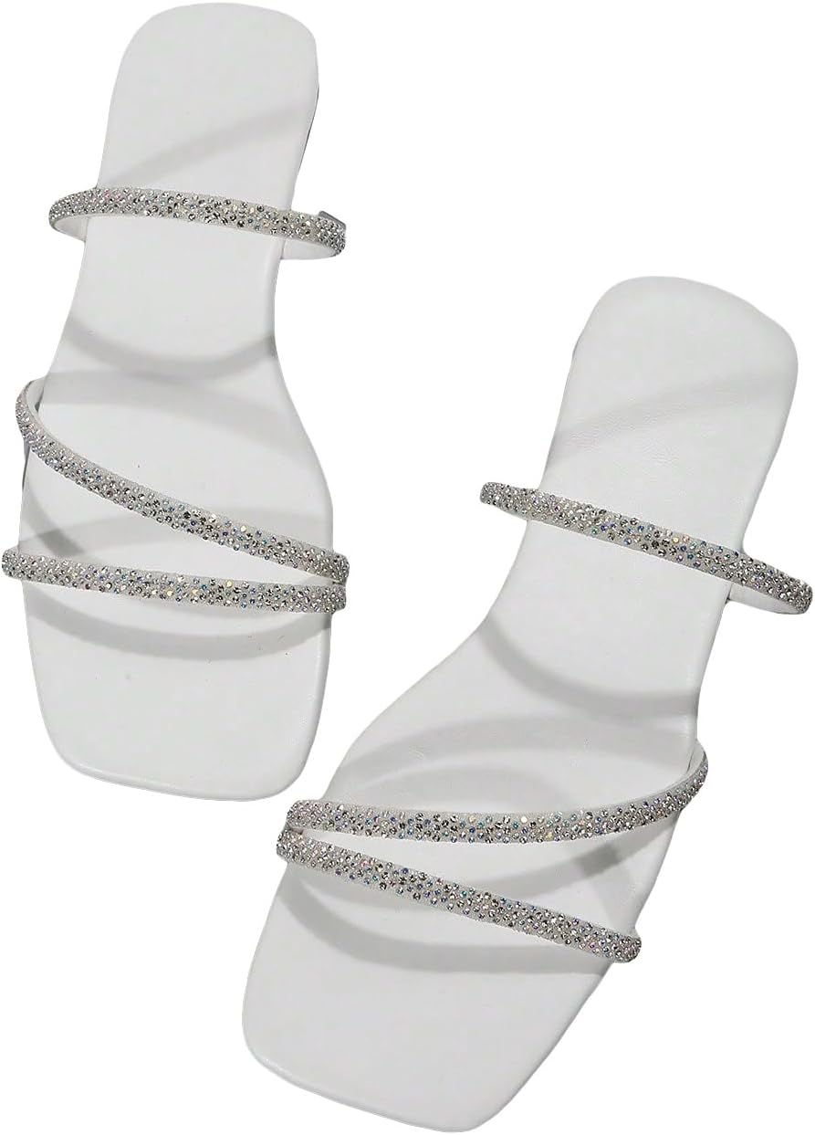 GORGLITTER Women's Rhinestone Wedding Flat Sandals Sparkly Prom Strappy Glitter Slip on Open Toe Bridal Slide Sandals