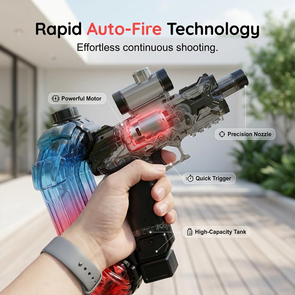 Electric Water Gun, 2026 Upgraded Automatic Squirt Gun with Large Capacity, Rechargeable Powered Water for Outdoor Pool Beach Summer Activities,Powerful & Waterproof (Black)