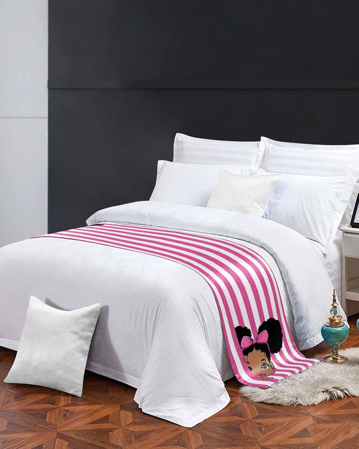 Pink Stripes Bed Runner Scarf Full Queen Size, Cartoon Funny Bow Girl Vertical Striped Luxury Bed Throw Runners & Scarves for Twin Full Queen King Foot of Bed, Bedroom Hotel Decoration, 83"x20"