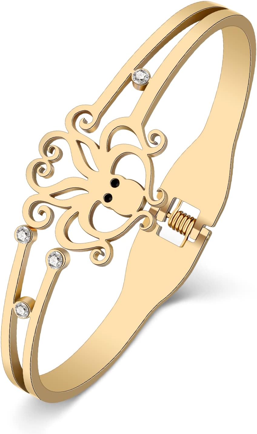 Stainless Steel 18K Gold Silver Plated Rhinestone Cute Octopus Bangle Hollow Out Cuff Bracelets Ocean Animals Novelty Jewelry For Women Charms Gifts - Image 2