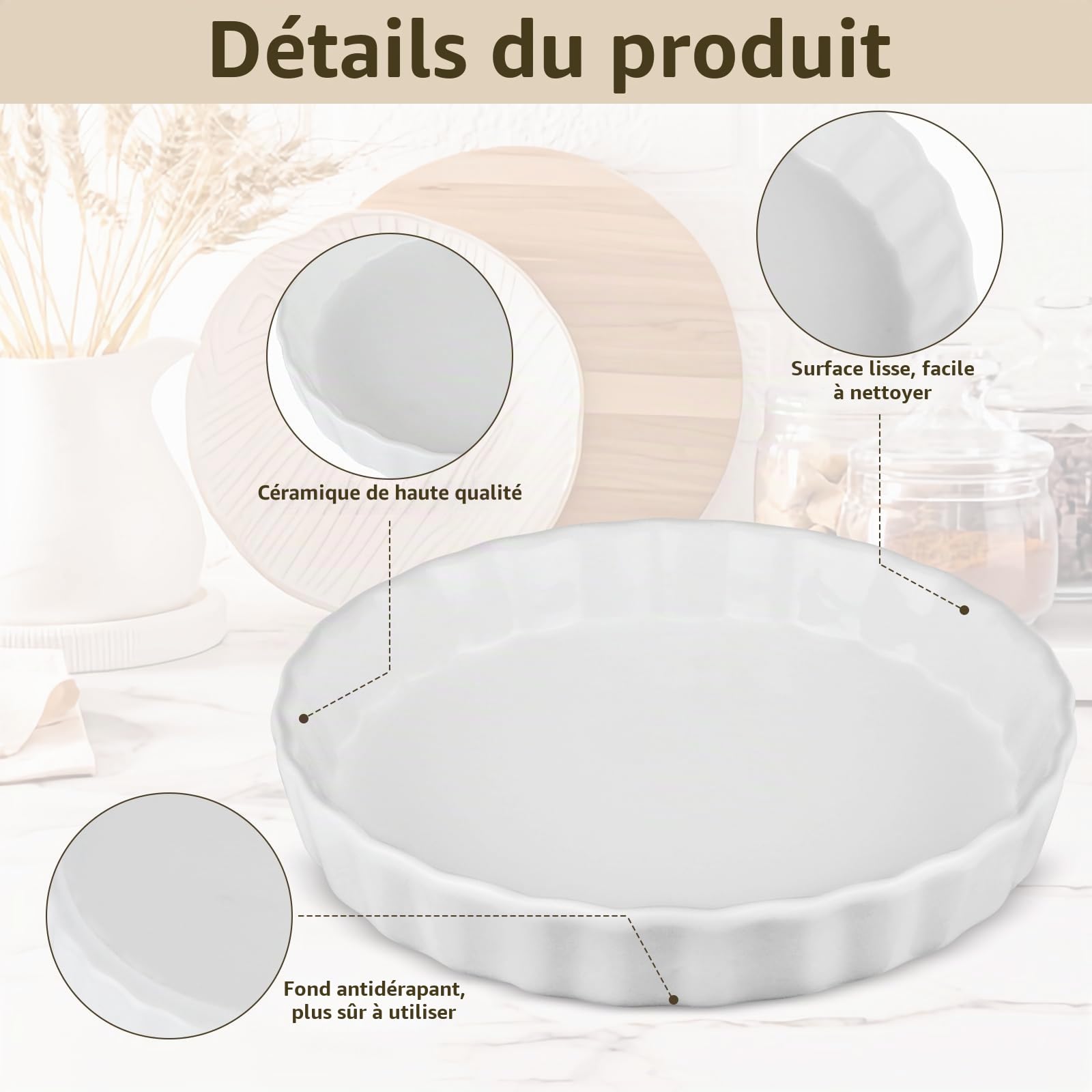 Plat à tarte blanc de 18 cm - Plat à tarte en céramique pour tarte, quiche, pizza, pâtes, pâtisserie