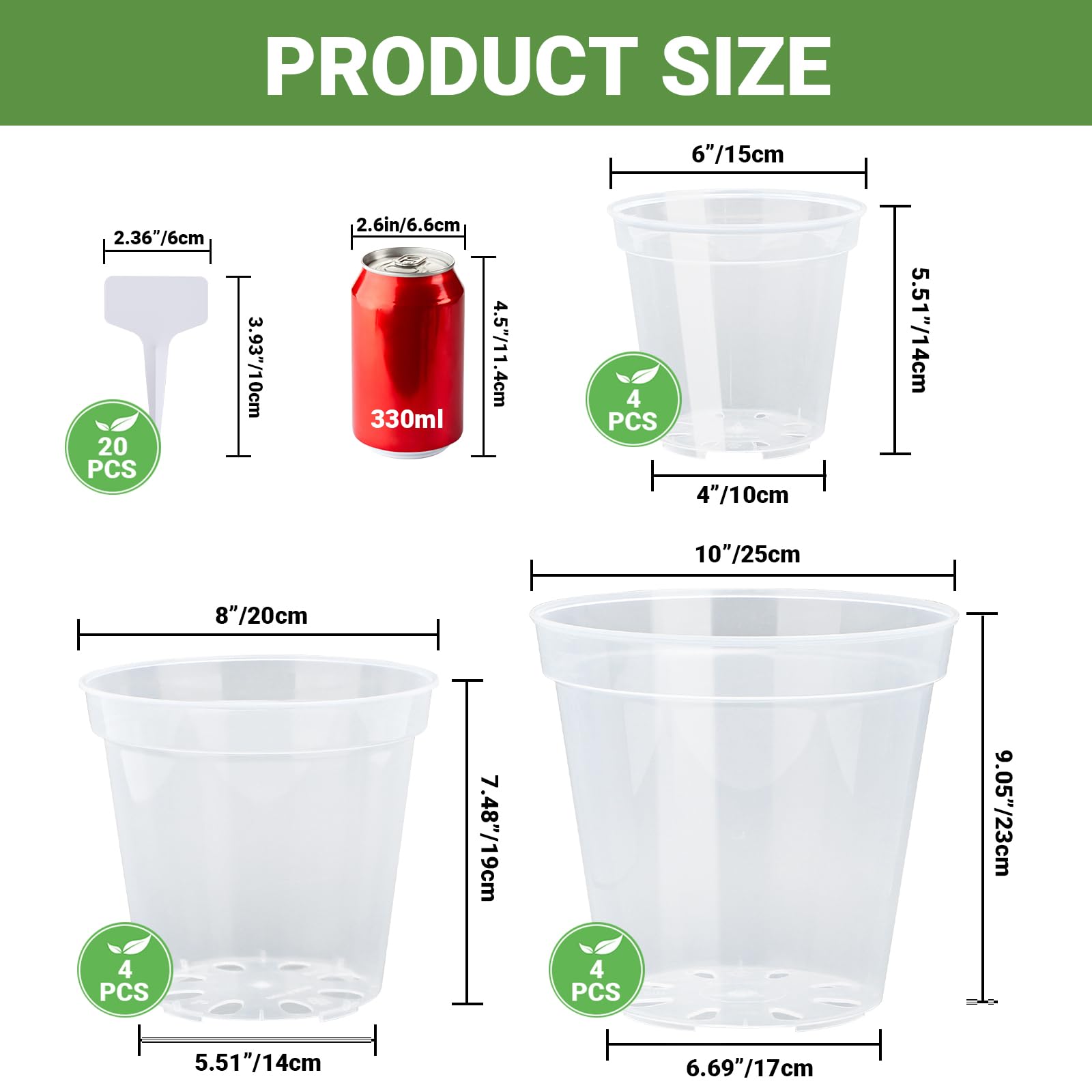 GREANER Lot de 12 pots d'orchidée transparents de 15,2 cm, 20,4 cm avec trous et 20 étiquettes pour plantes d'intérieur et d'extérieur