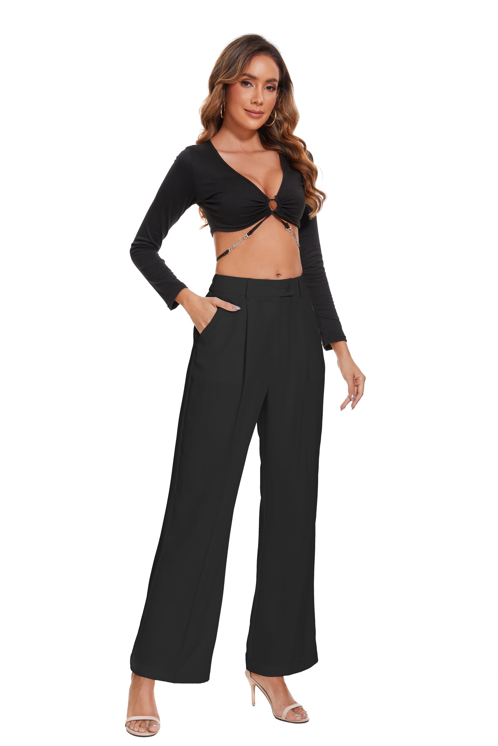 KICZOY Pantalones de oficina de cintura alta ancha para mujer, ajuste holgado, cintura elástica, plisados, pantalones para el trabajo casual