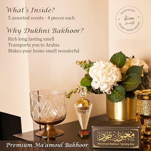Miniatura 2 de Dukhni Maamoul Bakhoor Variedad Box & Attar Oil Set Auténtico Incienso árabe y aceites de fragancia | 20 piezas bakhoor y 6 attares Lujosos aromas
