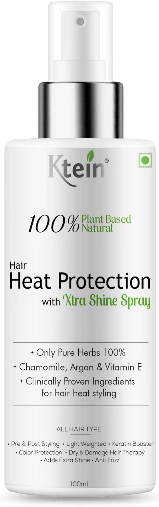 100% Plant Based Hair Heat Protection Spray with EXTRA SHINE, Chamomile, Argan and Vitamin E 100ml