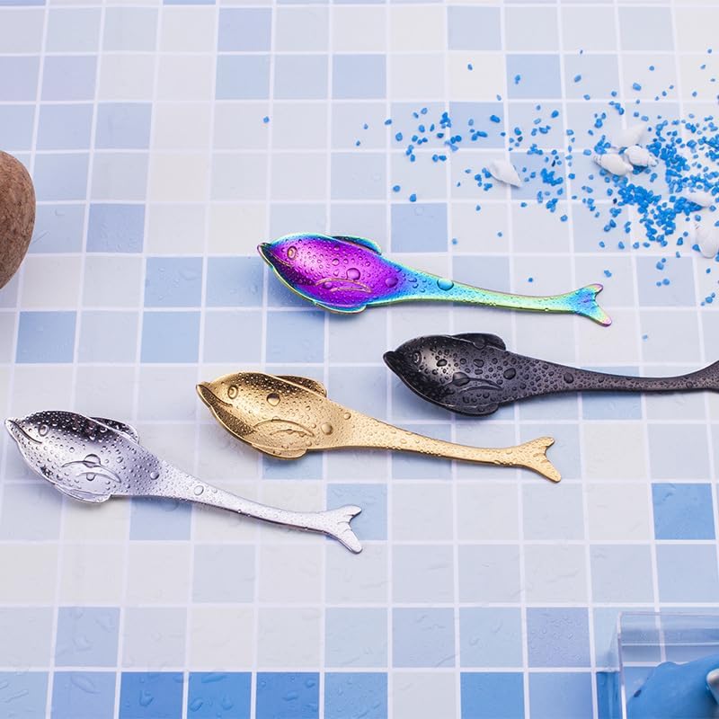 Silverware Flatware Set, 1/4/6/8/10 Pieces Spoons Dolphin 304 Stainless Steel Spoon Creative Cartoon Small Spoon Coffee Stirring Spoon(Silver,10Pcs)