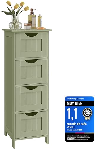 VASAGLE Armario de Baño, Armario de Almacenamiento de Pie, con 4 Cajones, 30 x 30 x 82 cm, para Baño, Sala de Estar, Comedor, Cocina, Estilo Moderno, Verde Laurel LHC040C02