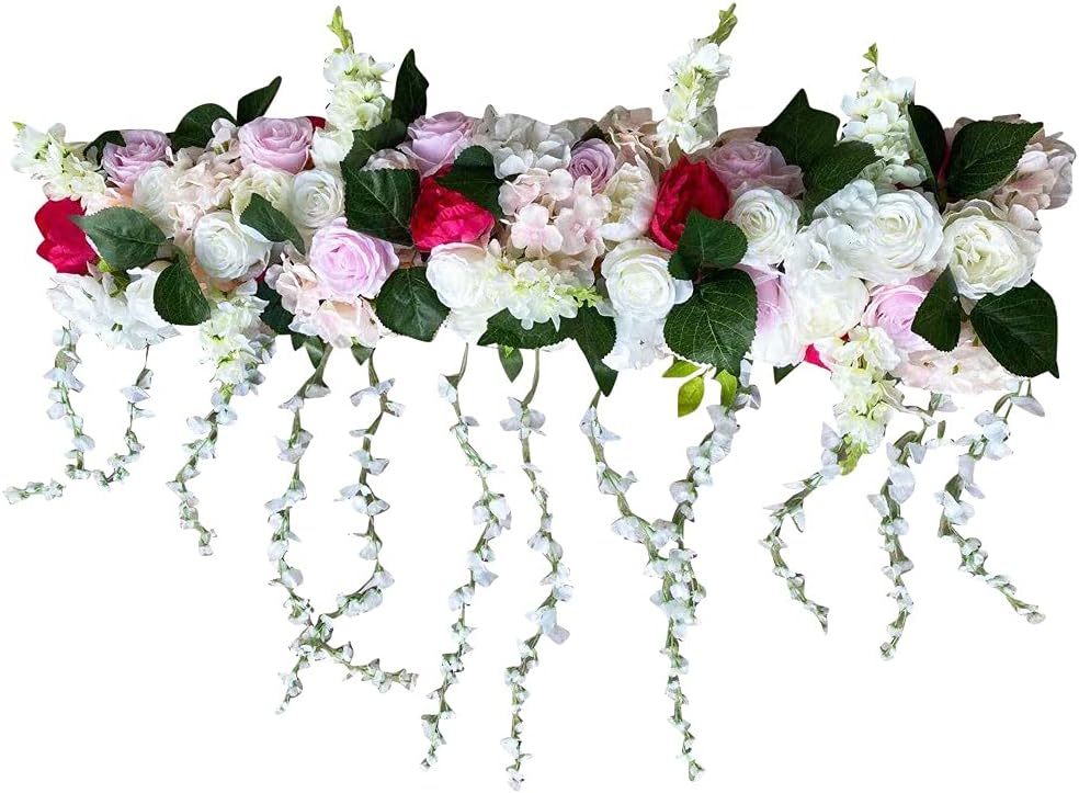 100cm Artificial Rose Flower Backdrop Wedding Row Decor Centerpiece Table Decorations Silk Decorative Faked Flower Wedding Flower Garland Floral Wall for Wedding Party Table Decoration (Pink Whiter)