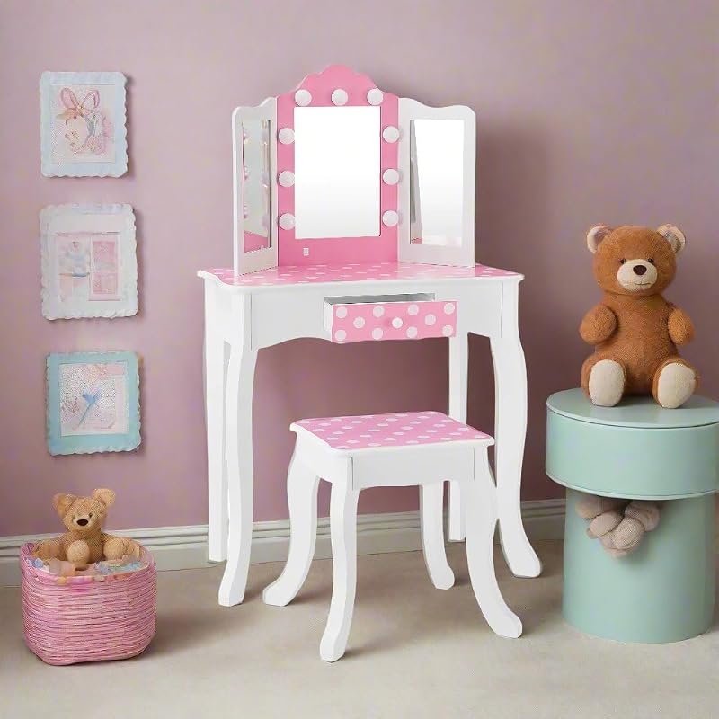 Teamson Kids - Fashion Polka Dot Prints Gisele Play Vanity Set with LED Lights - Pink/White