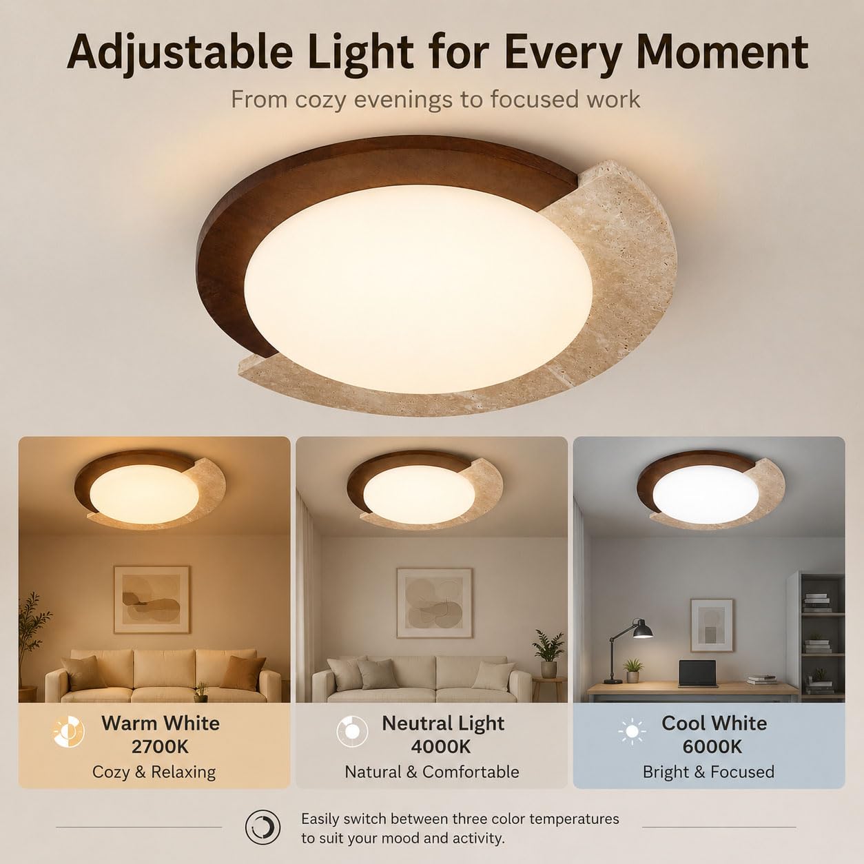 Plafoniera LED Soffitto Dimmerabile con Telecomando, Stile Wabi-Sabi in Travertino Naturale e Legno Massello, Spettro Completo, 2700–6000 K, Soggiorno e Camera da Letto,Ø45×H10cm