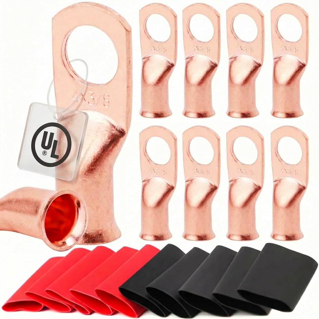 Photo 1 of 10pcs 4 Awg - 5/16" (M8) TKDMR Wire Lugs Ring Terminal Connectors Ends, UL Listed Heavy Duty for Battery Cable Lug Wire Electrical Eyelets with 4:1 Dual Wall Adhesive Heat Shrink