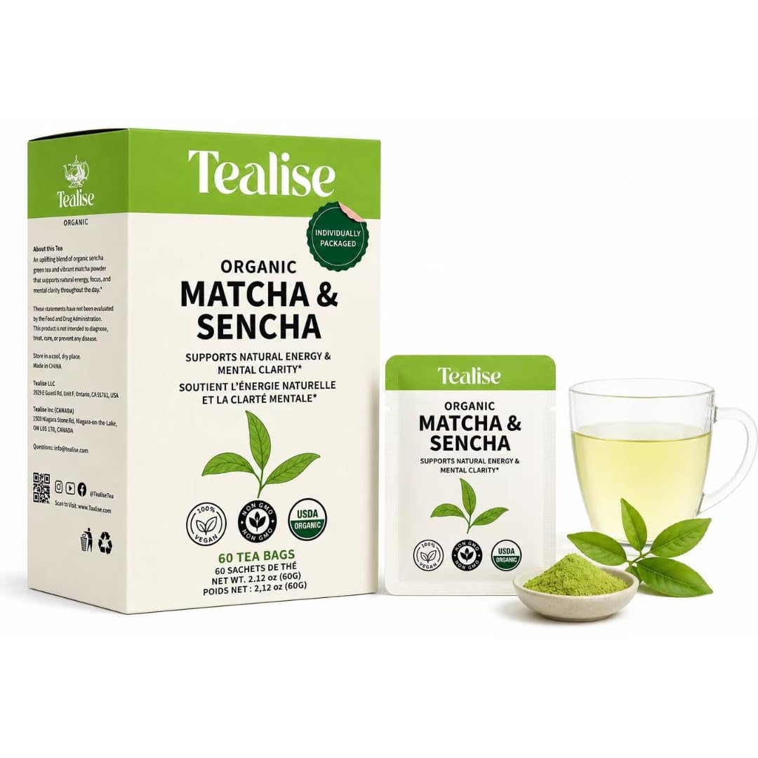 Tealise Organic Matcha & Sencha Green Tea Eco-Conscious Plant-Based Tea Bags with Individually Wrap Matcha Sencha