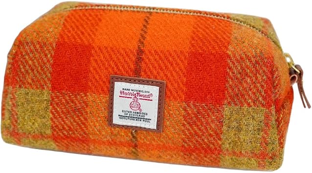 TAILORMAP Harris Tweed Wool Cosmetic Bag, Large Capacity Scottish Tartan Handmade Makeup Organizer, Stain-Resistant Travel Toiletry Pouch for Women Orange