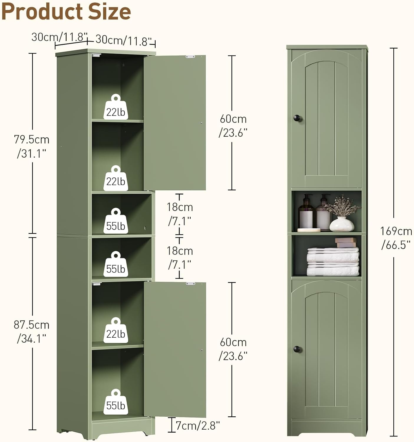 RALGEND Tall Bathroom Storage Cabinet, 67" H Slim Bathroom Cabinet Storage with Adjustable Shelves, 6-Tier Tall Storage Cabinet, for Bathroom, Kitchen, and Dining Room, Green