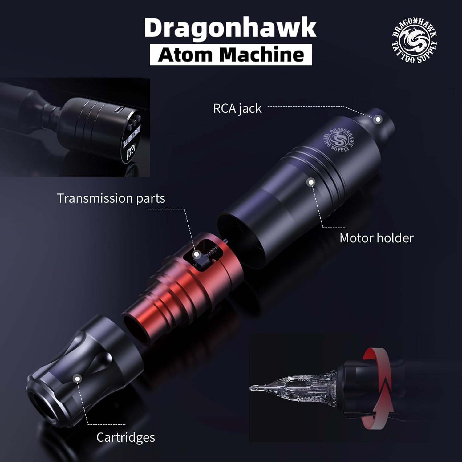 Dragonhawk Atom Wireless Tattoo Gun Pen Machine Kit - Complete Beginner Tattoo Kit with 20 Cartridge Needles, Battery Power Supply for Lining Shading